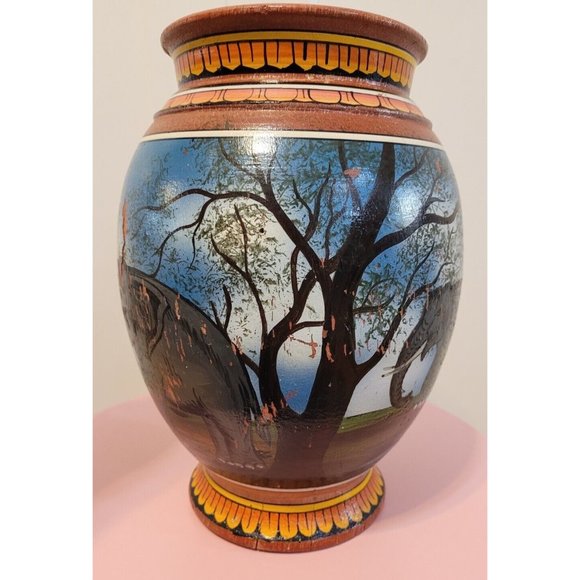 Marked Elephant Painted Wood Vase 11.5 Inch Multiple Elephants Red Yellow - Picture 6 of 16